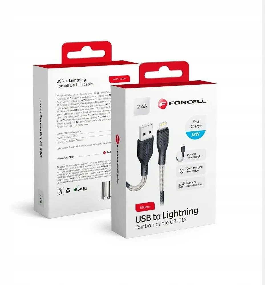 USB A tipo į „Lightning“ tipo laidas „Forcell F-Energy“ 2,4A 12W, anglies pluošto, 1 m, CB-01A, juodas