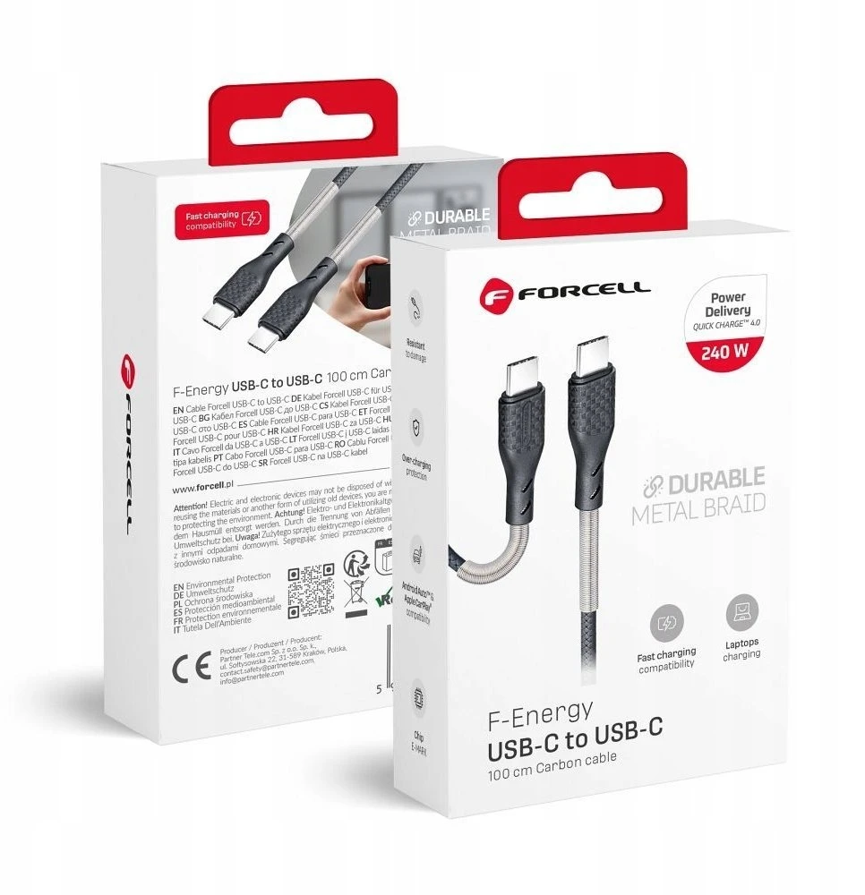 USB C į USB C laidas Forcell F-Energy QC4.0 PD 5A 240W Carbon 1 m CB-05C juodas