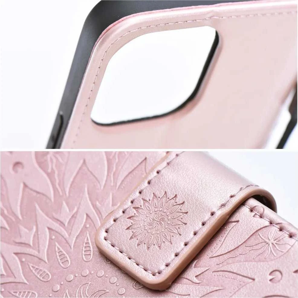 Forcell OEM atverčiamas dėklas iPhone 13 telefonui „Mezzo Book“ su mandala rožės spalvos auksiniu atverčiamu dėklu.