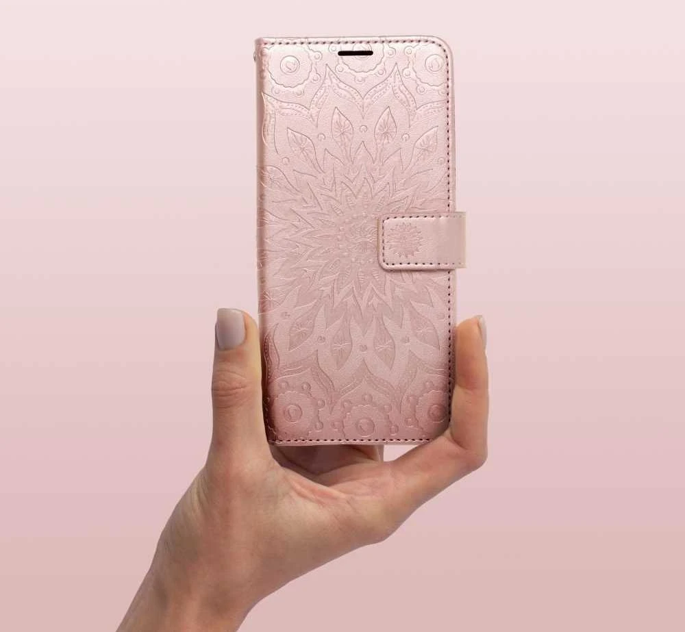 Forcell OEM atverčiamas dėklas iPhone 13 telefonui „Mezzo Book“ su mandala rožės spalvos auksiniu atverčiamu dėklu.