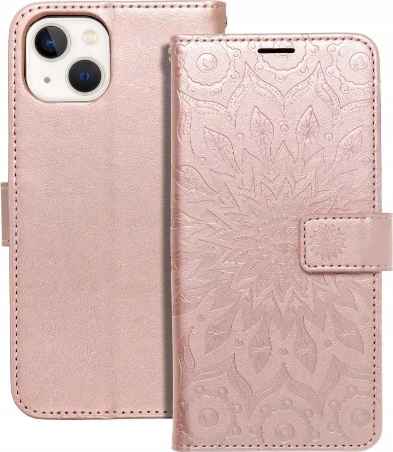 Forcell OEM atverčiamas dėklas iPhone 13 telefonui „Mezzo Book“ su mandala rožės spalvos auksiniu atverčiamu dėklu.