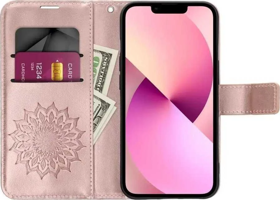 Forcell Oem MEZZO Book dėklas skirtas Samsung Galaxy A13 5G / A04S mandala rožinio aukso spalvos