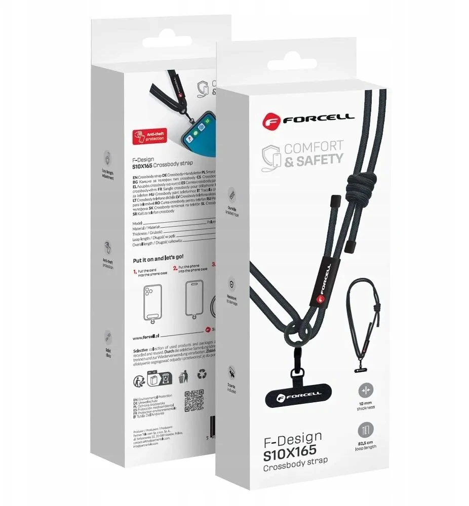 FORCELL F-DESIGN S10X165 telefono virvelė per petį su reguliuojamu ilgiu (maks. 82,5 cm kilpoje) juoda