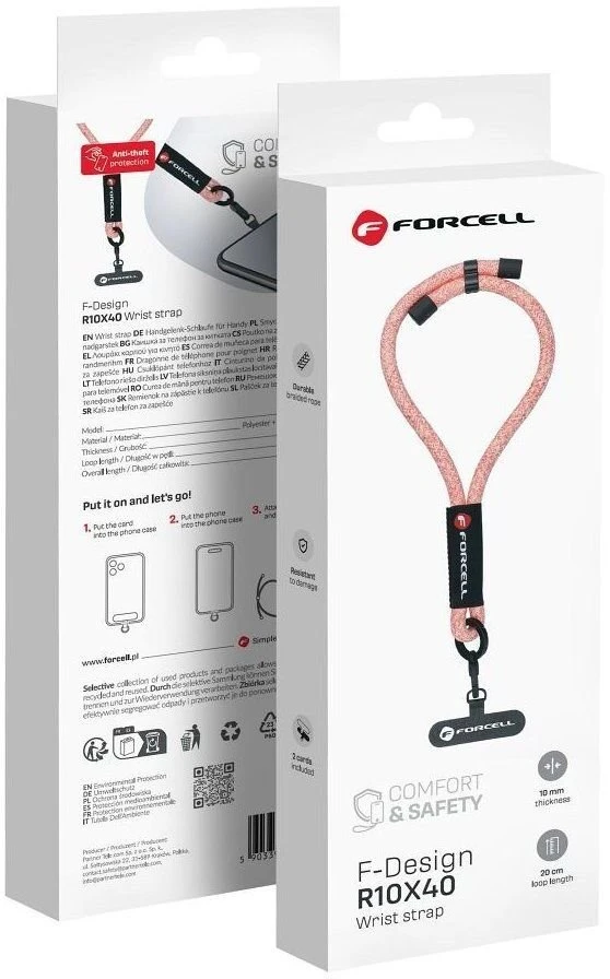FORCELL F-DESIGN R10X40 riešo telefono virvelė su reguliuojamu ilgiu (maks. 20 cm kilpoje) rožinė balta