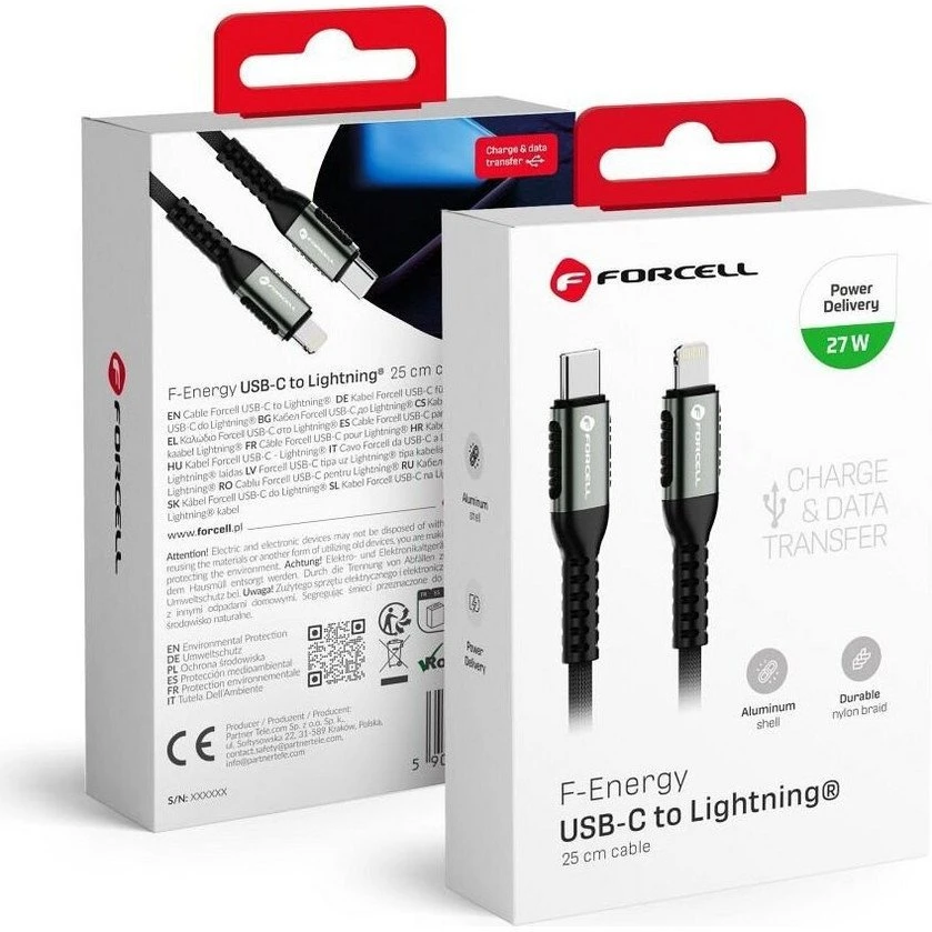 USB C - Lightning laidas Forcell F-Energy PD 3A 27W Cafule 0,25 m C259 juodas