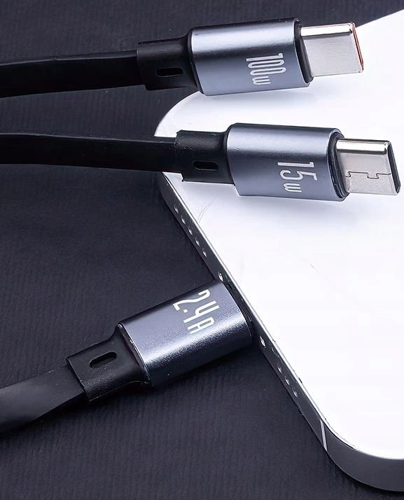Forever 3in1 laidas USB – Lightning + 2x USB-C 1,2 m 100W juodas