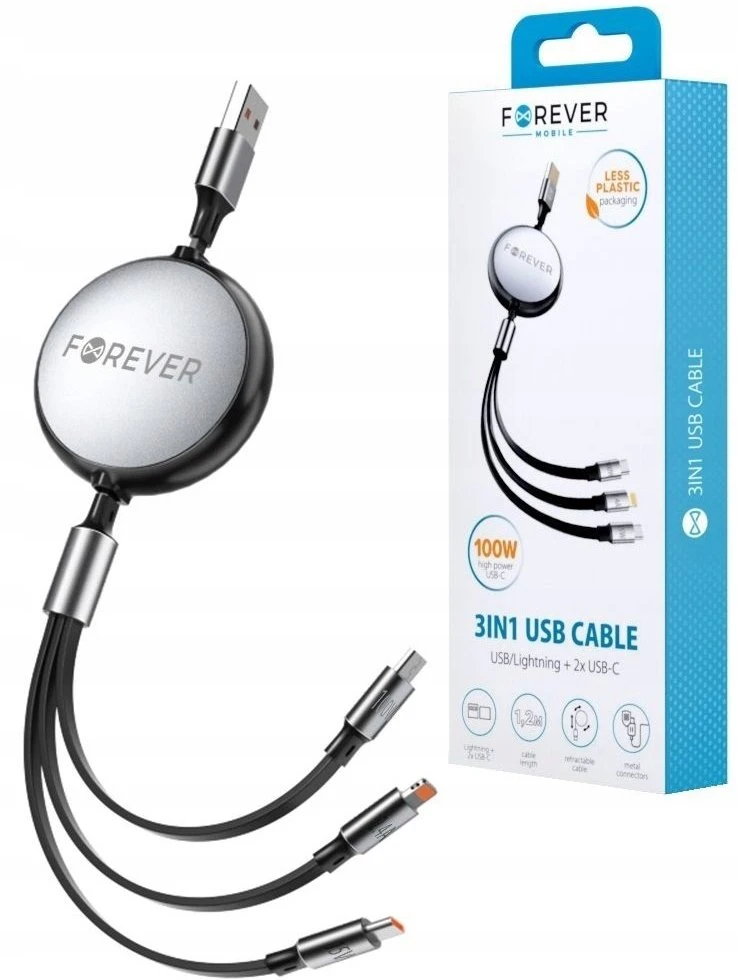Forever 3in1 laidas USB – Lightning + 2x USB-C 1,2 m 100W juodas
