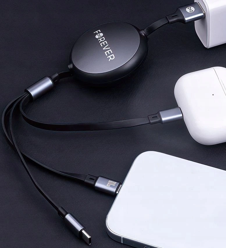Forever 3in1 laidas USB – Lightning + 2x USB-C 1,2 m 100W juodas