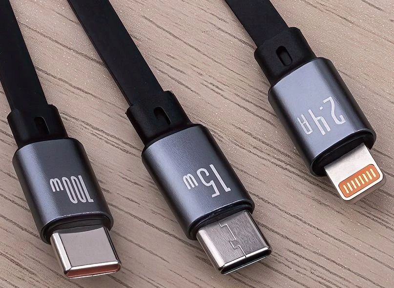 Forever 3in1 laidas USB – Lightning + 2x USB-C 1,2 m 100W juodas