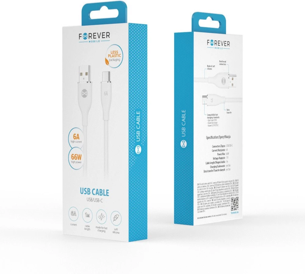 Forever USB – USB-C laidas 1,0 m 6A baltas