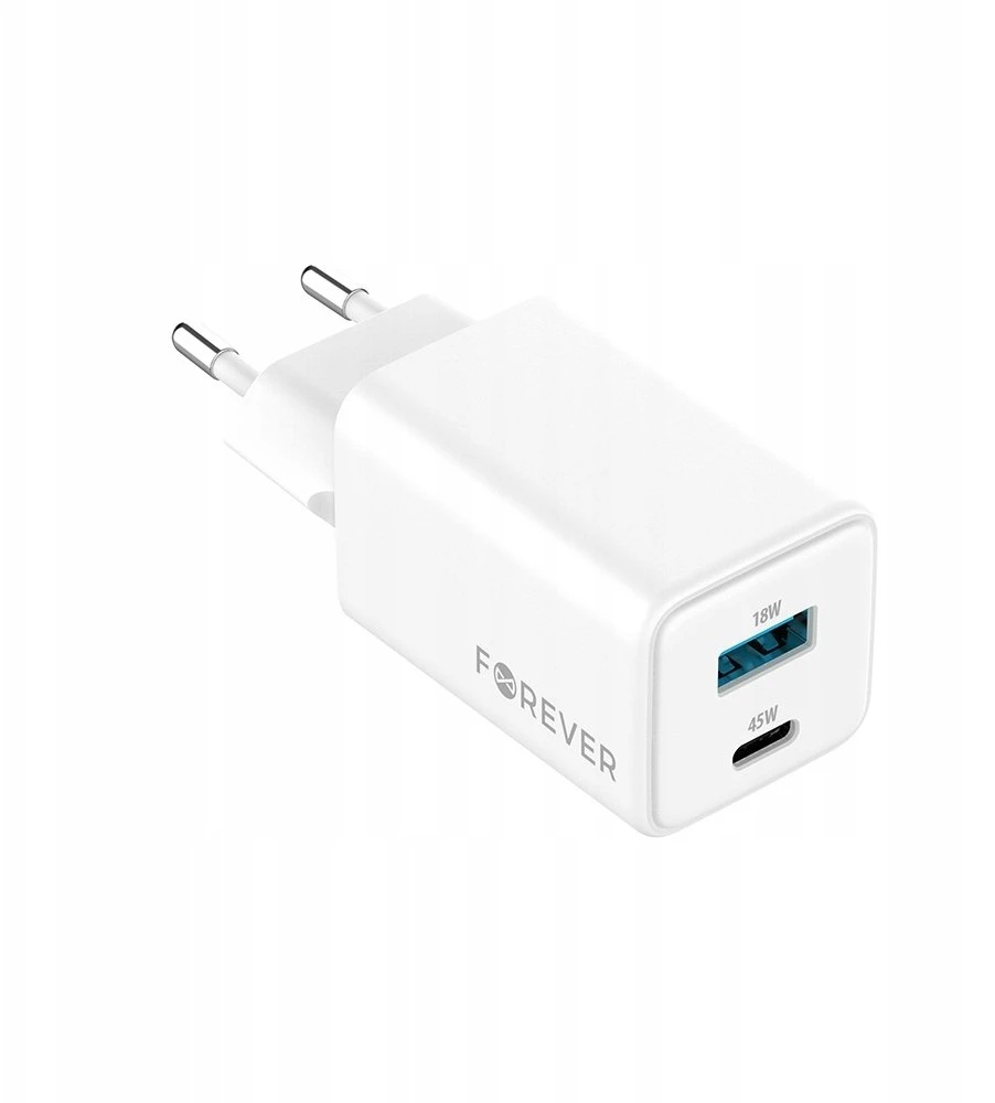 Forever TC-08-45AC GaN PD QC įkroviklis 1x USB-C 1x USB 45W baltas