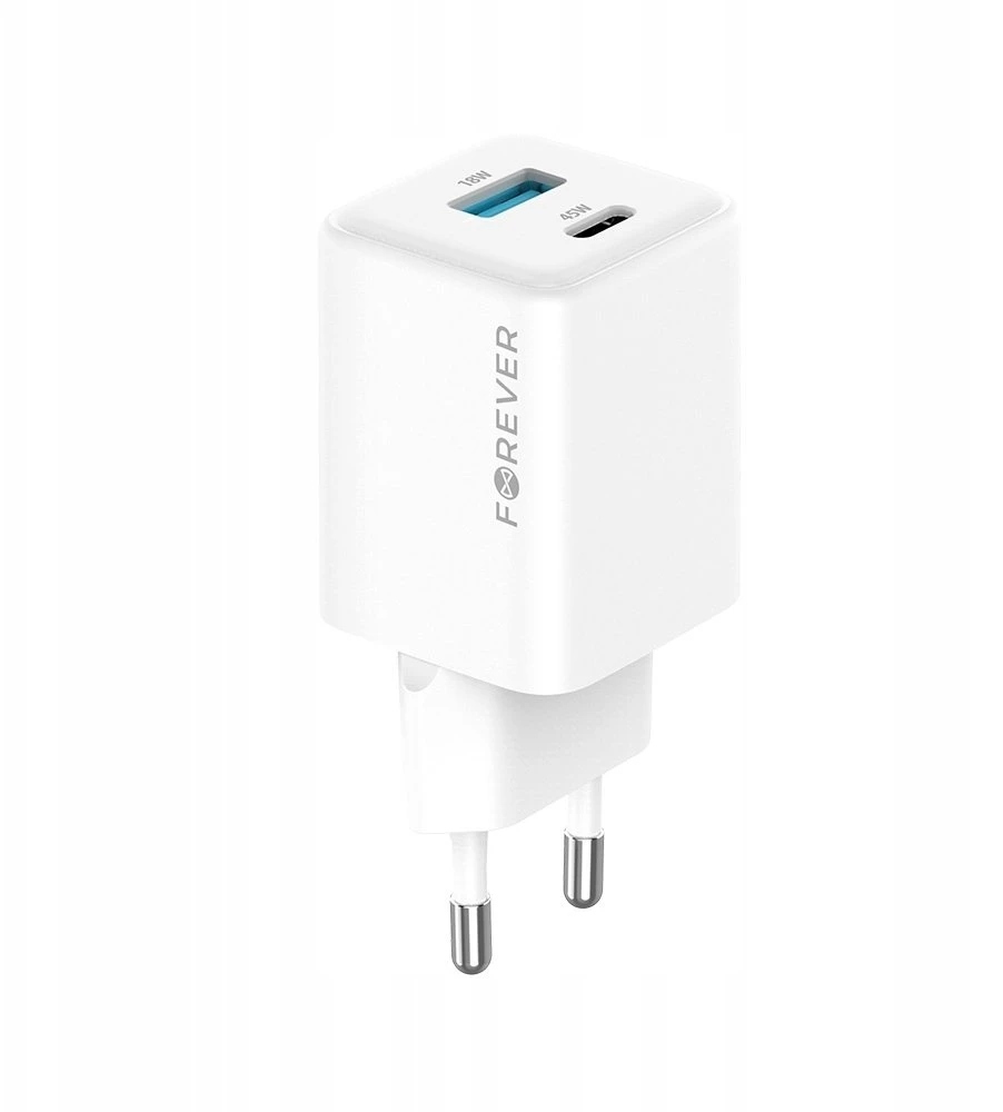 Forever TC-08-45AC GaN PD QC įkroviklis 1x USB-C 1x USB 45W baltas