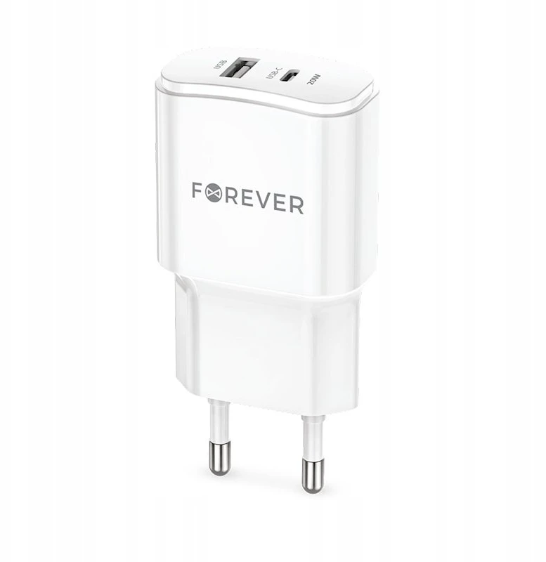 Forever TC-01-20AC PD QC įkroviklis 1x USB-C 1x USB 20W baltas + USB-C – USB-C laidas 20W