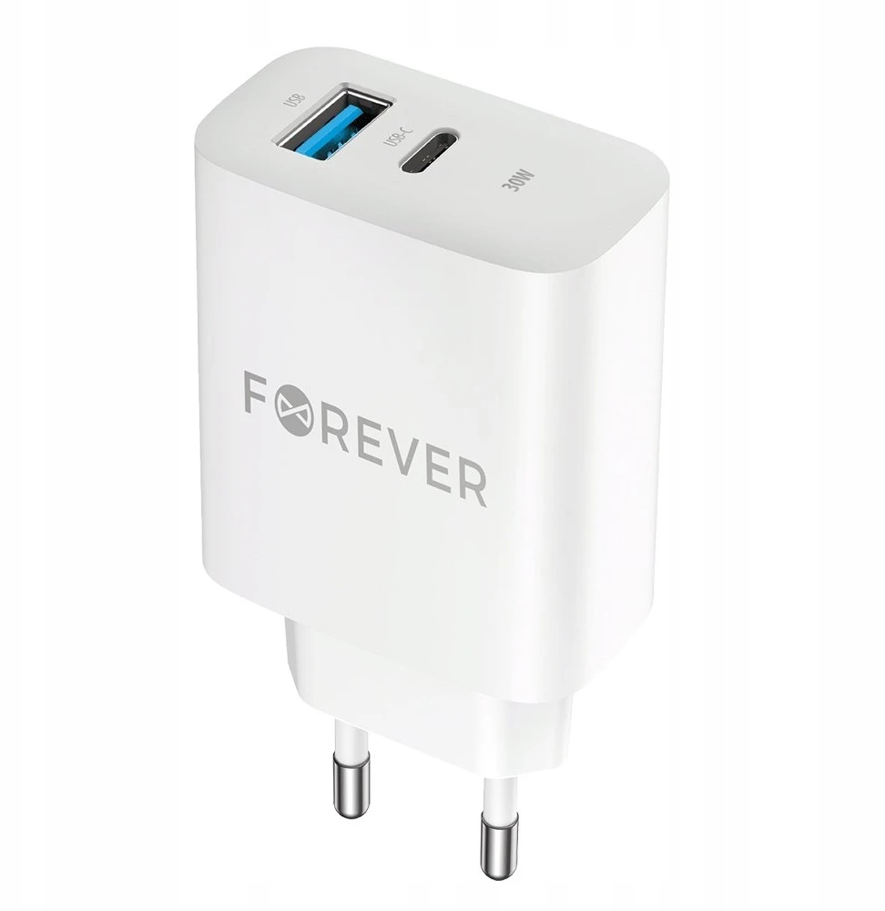 Forever TC-07-30AC PD QC įkroviklis 1x USB-C 1x USB 30W baltas + USB-C – USB-C laidas 60W