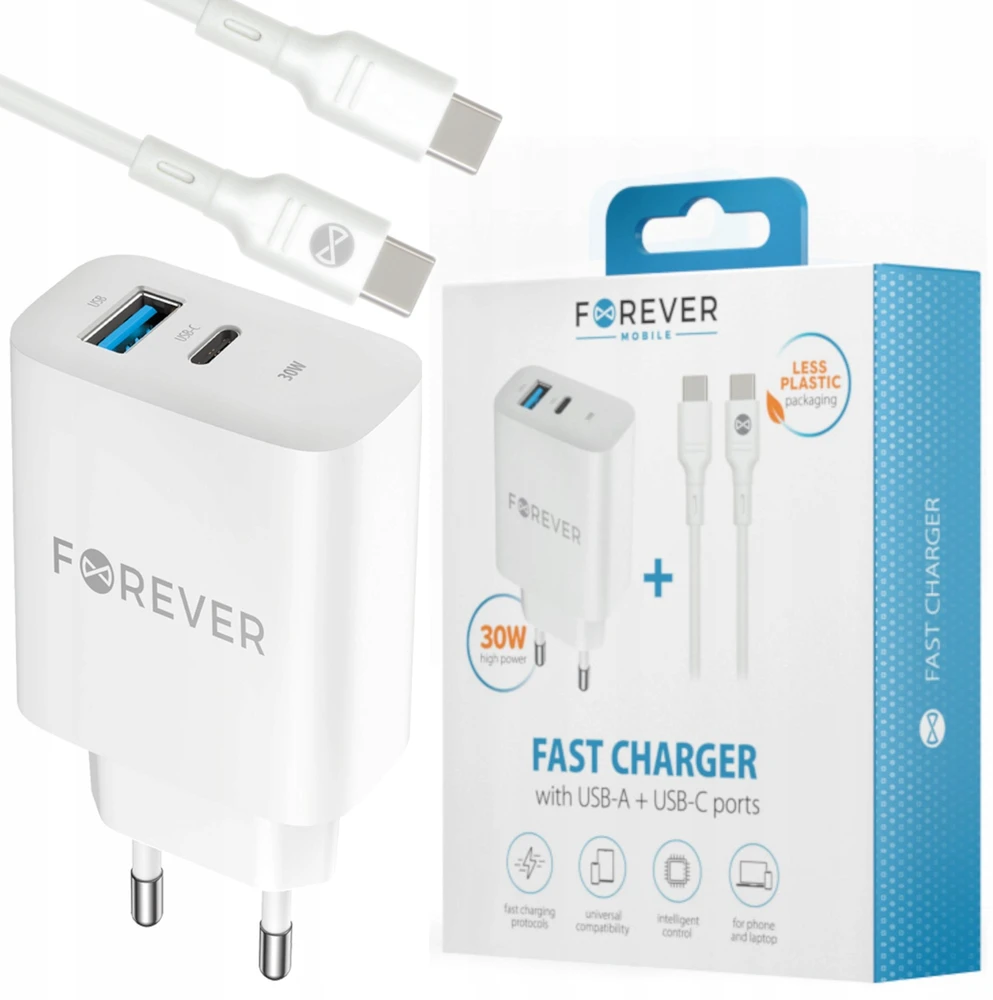 Forever TC-07-30AC PD QC įkroviklis 1x USB-C 1x USB 30W baltas + USB-C – USB-C laidas 60W