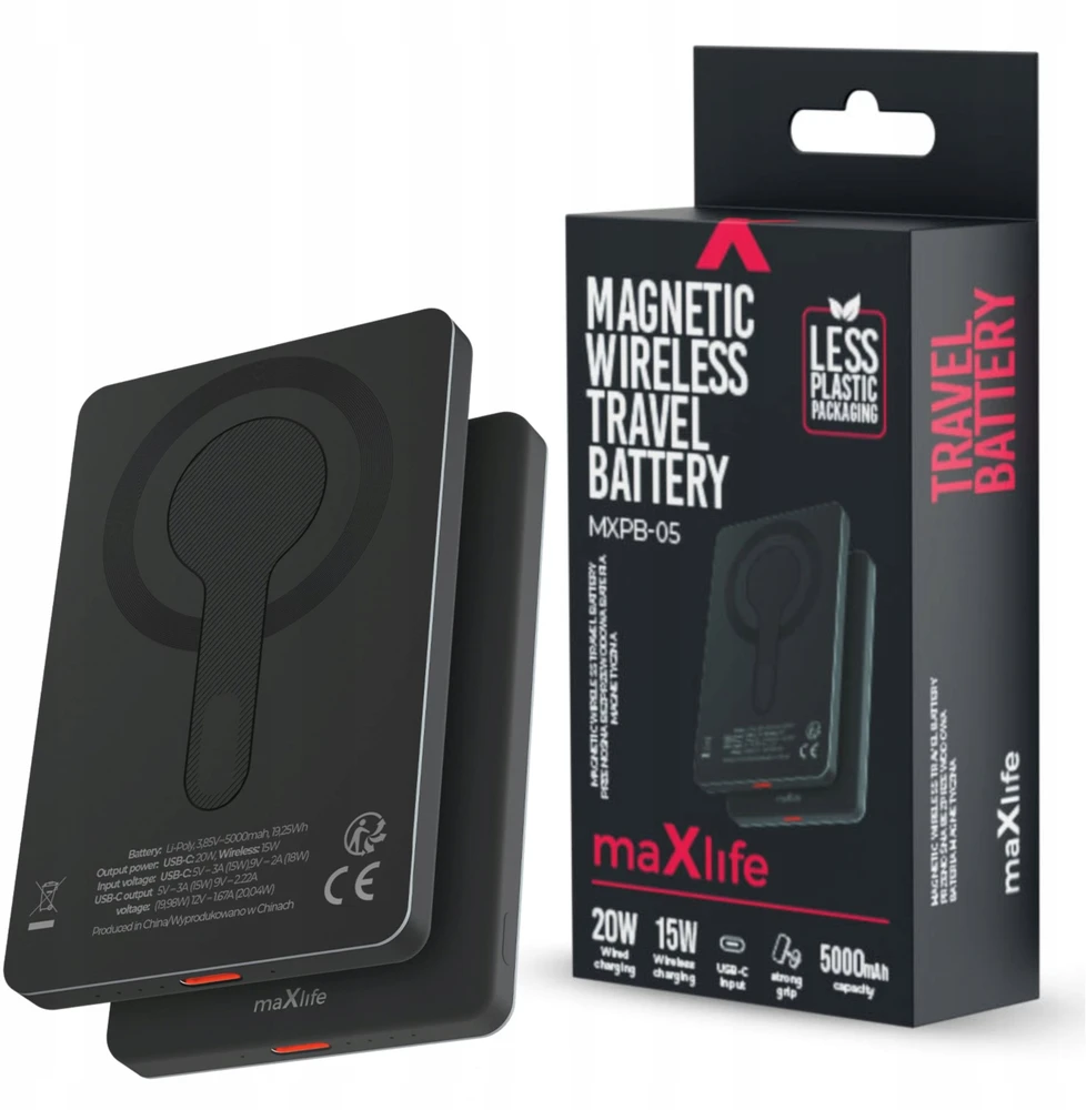 Maxlife belaidė išorinė baterija MXPB-05 20W PD 5000 mAh magnetinė juoda