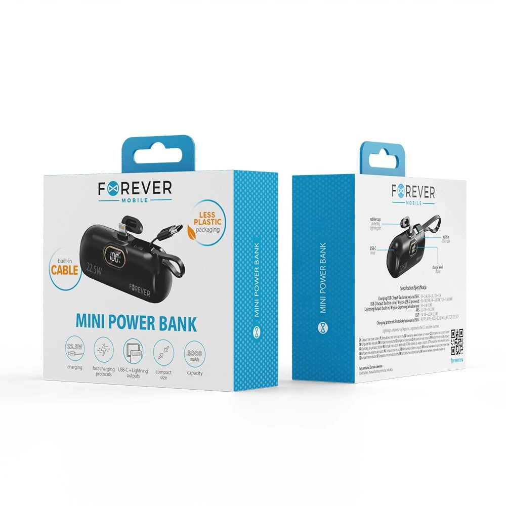 Telforceone Forever mini power bank MTB-100 22.5W 5000 mAh Lightning juodos spalvos