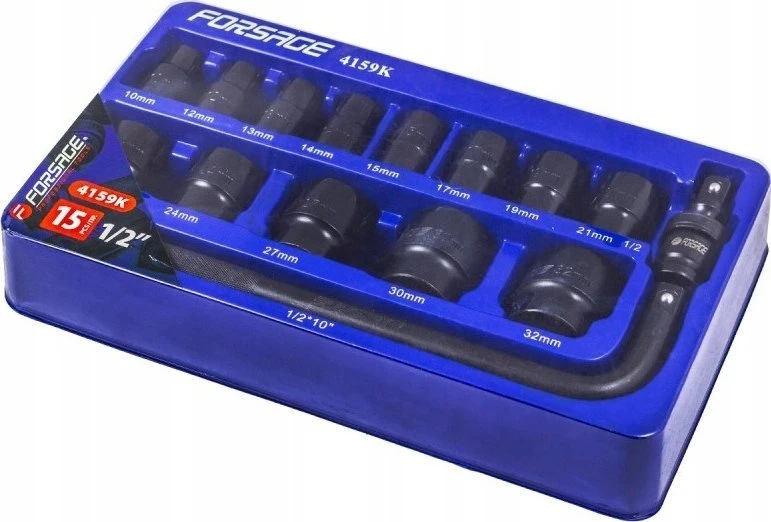 Forsage Smūginių antgalių rinkinys 1/2'' 15 vnt. (šešiabriaunių) (10-32mm)