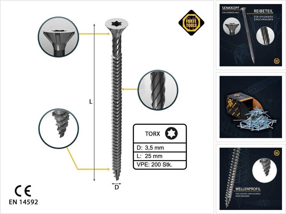 Forte_Tools Medraigčiai FORTE TOOLS, 3,5×25 mm, ZN, TX15, 200 vnt.