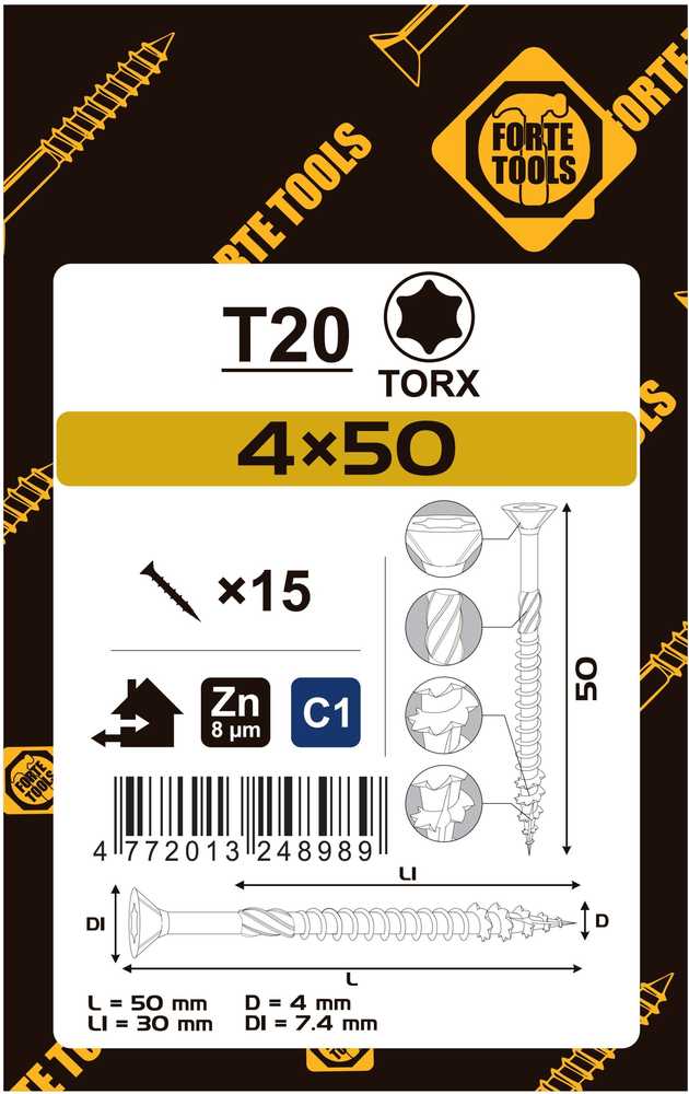 Forte_Tools Medraigčiai FORTE TOOLS, 4×50/30 mm, ZN, TX20, 15 vnt.