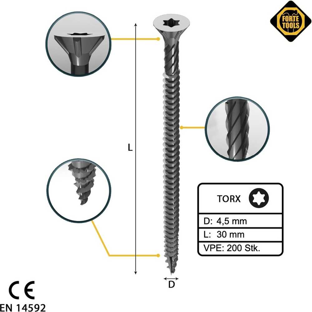 Forte_Tools Įrankiai FORTE TOOLS, 4,5×30 mm, ZN, TX20, 200 vnt.