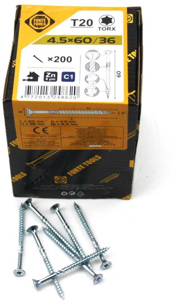 Forte Tools Forte medžio drožlių plokštė SCR T20 4.5X60/36 Baltas ZN(200
