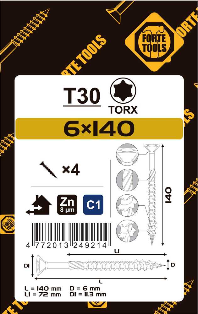 Forte_Tools Medraigčiai FORTE TOOLS, 6×140/72 mm, ZN, TX30, 4 vnt.