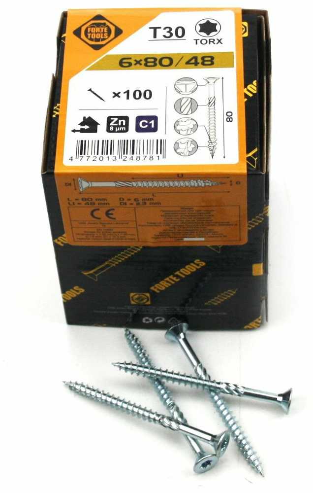 Forte_Tools Medraigčiai FORTE TOOLS, 6×80/48 mm, ZN, TX30, 100 vnt.
