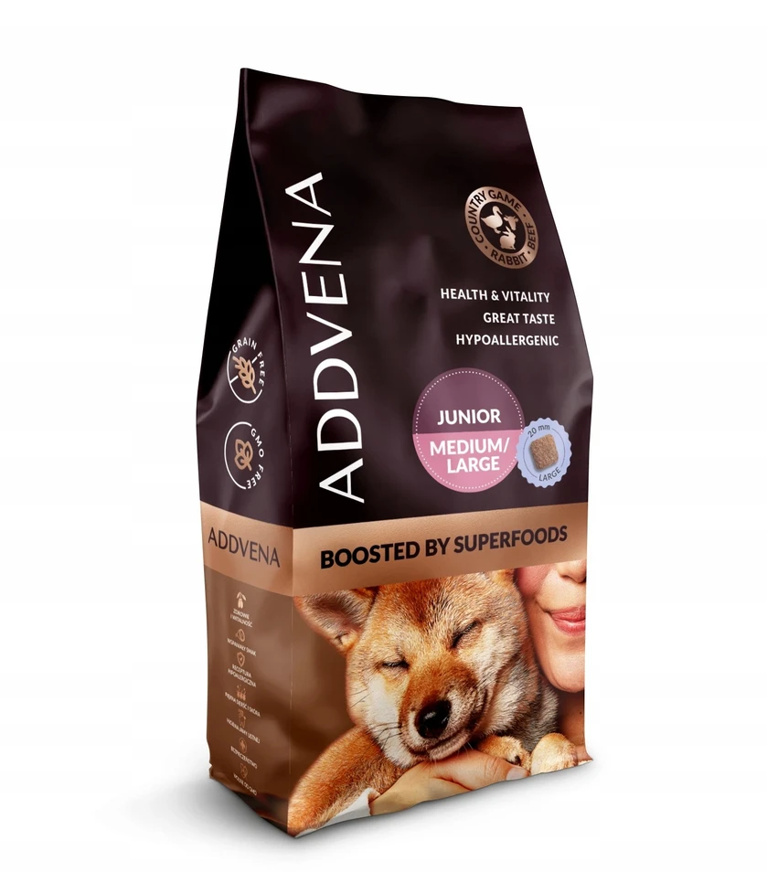 Šunų maistas - ADDVENA Junior Medium/Large jautiena 28.1% Protein Grain-Free 10kg