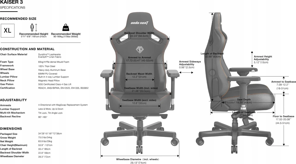 Žaidimų kėdė AndaSeat Kaiser 3 XL, Pilka, medžiaginė