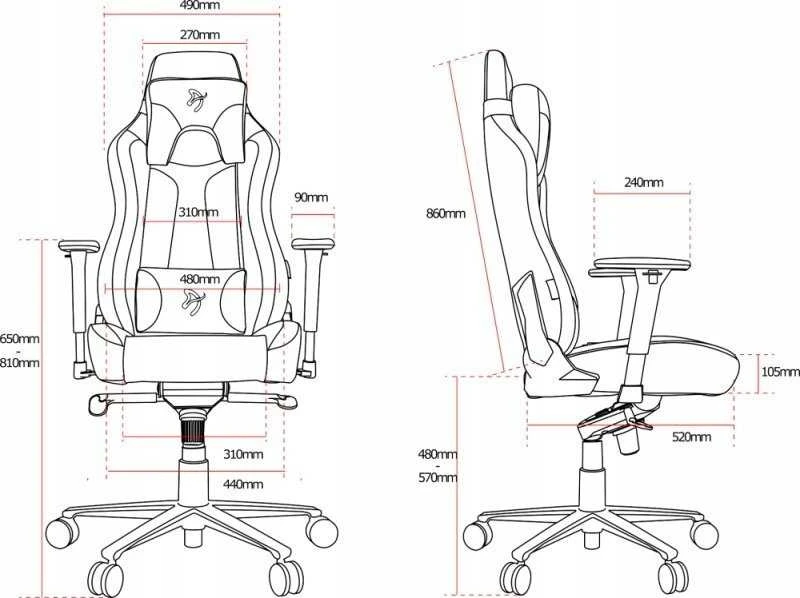 Arozzi Vernazza kėdės techninių matmenų brėžinys