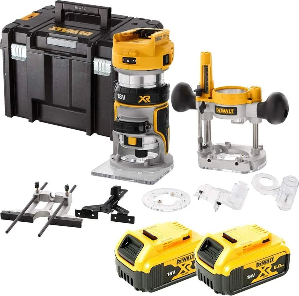 DeWalt akumuliatorinė freza su pilnu priedų komplektu