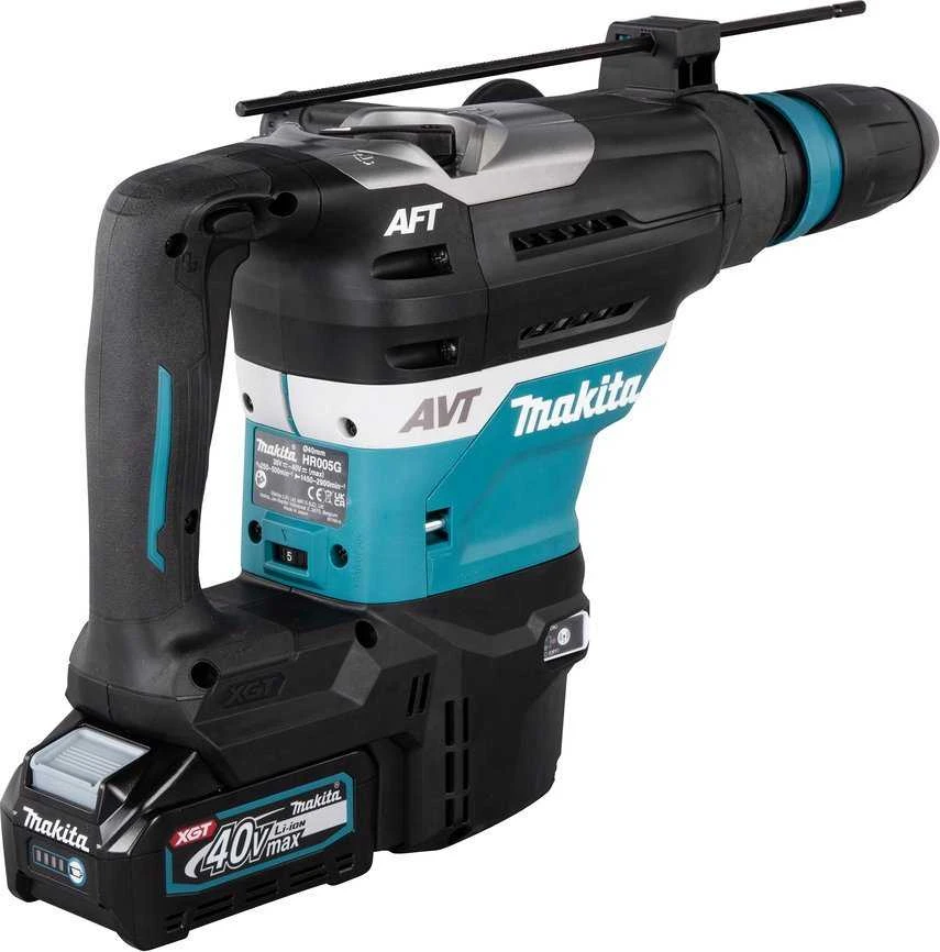 Makita HR005GM202 Perforatorius XGT, SDS-MAX, 8 J, 40mm; 7,4kg, bešepetėlinis variklis, AVT, AFT, AWS (su AWS lustu); XPT; 2X4,0Ah, greitasis kroviklis