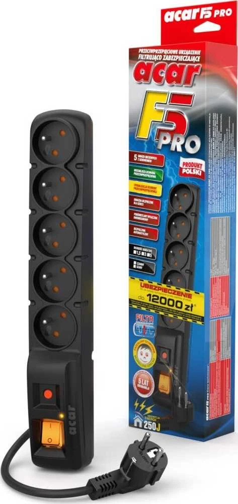 Galios juosta Acar F5 PRO įtampa 5 lizdai 1,5 m juodos (W0092)