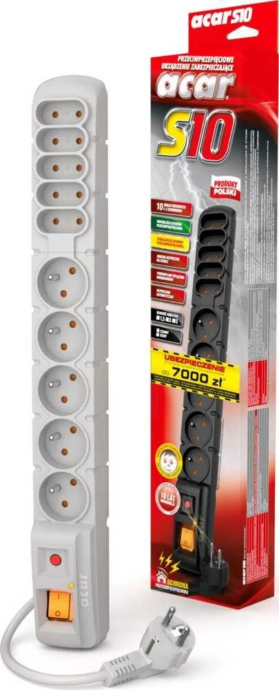 Maitinimo juosta Acar S10 viršįtampių apsauga, 10 lizdų, 3 m pilka (W0132)