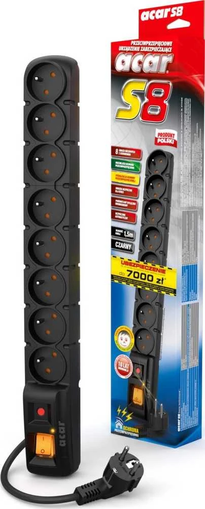 Galios juosta Acar S8 viršįtampių 8 lizdai 1,5 m juodos (W0147)