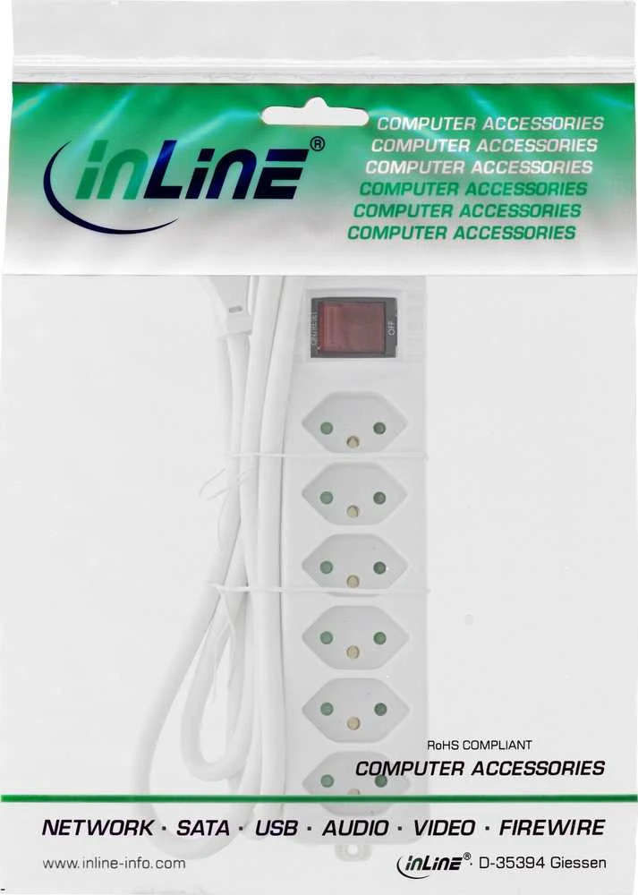 „InLine“ šveicariškas maitinimo lizdas su jungikliu, 6 lizdai, 1,5 m, Baltas (16451X)