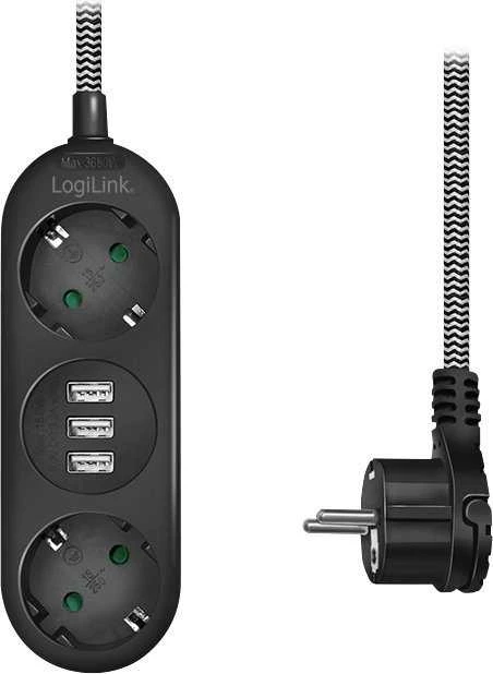 LogiLink 2 gniazda | 3x USB-A | tekstylny oplot kabla juoda 1.5m