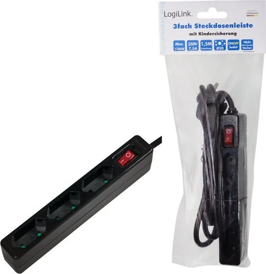 LogiLink 3 lizdai 1,5m juoda | jungiklis