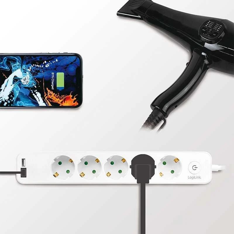 LogiLink 5 gniazd 1.5m balta | 2 x USB