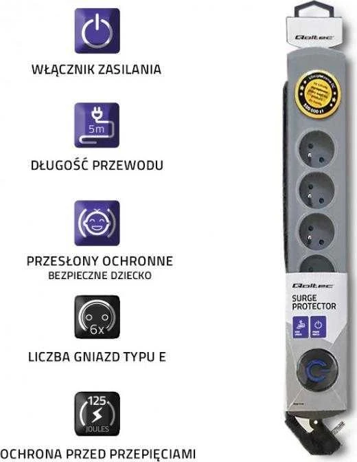 QOLTEC 50199 Apsauga nuo viršįtampių 6 lizdai 5m