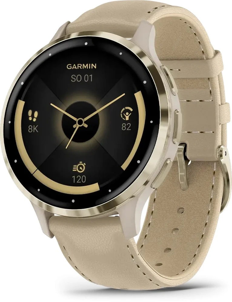 Išmanusis laikrodis Garmin Venu® 3S Šviesaus aukso spalvos nerūdijančiojo plieno apvadas su žalsvai pilkos spalvos korpusu ir odiniu dirželiu