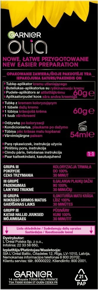 Garnier Olia plaukų dažų rinkinio sudėties aprašymas