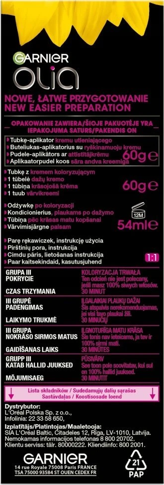 Garnier Olia pakuotės šonas su naudojimo instrukcija