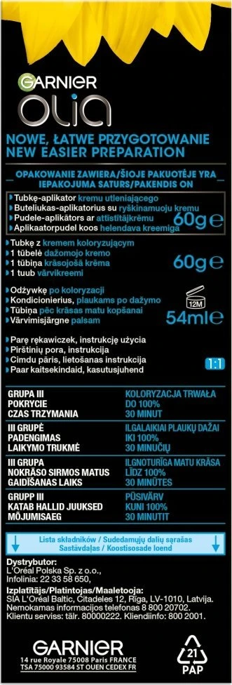 Garnier Olia pakuotės informacinė pusė