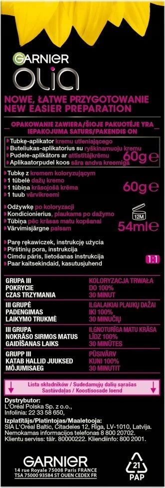 Garnier Olia 5.35 plaukų dažų pakuotės nugarėlė