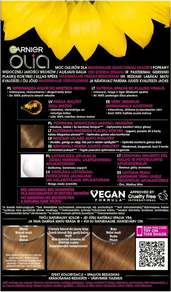 Garnier Olia 7.3 plaukų dažų informacinė pakuotės nugarėlė