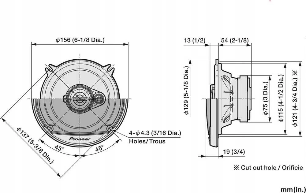 Pioneer TS-A1371F garsiakalbio matmenų brėžinys