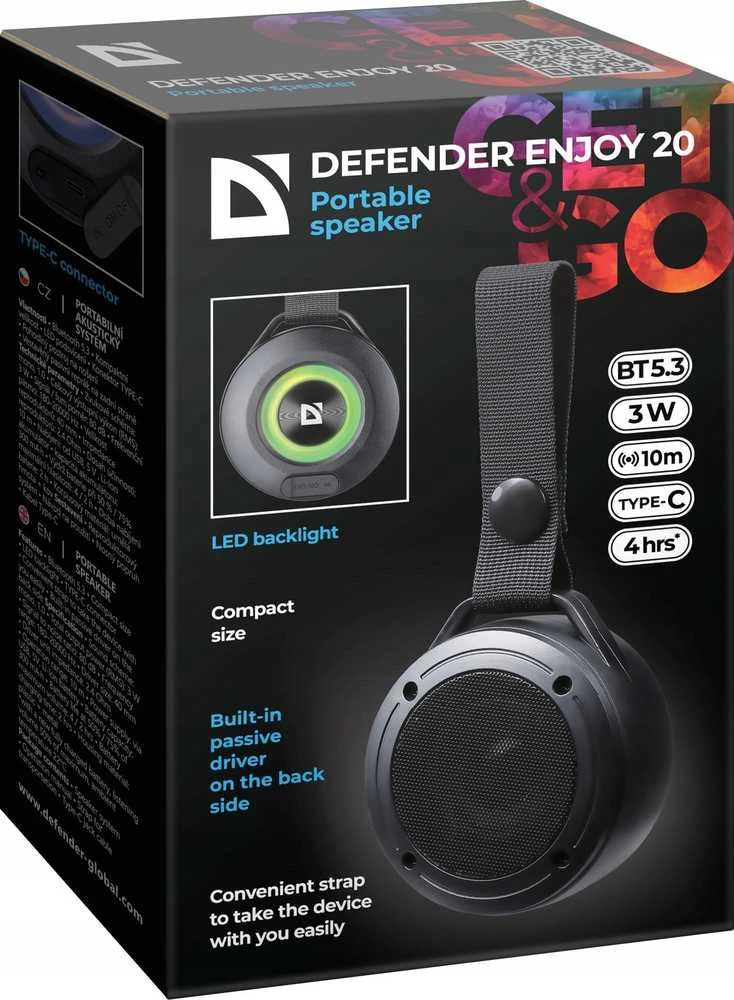 Kompiuterio kolonėlės Defender garsiakalbis ENJOY 20, ličio jonų, 1.0, 3W, juodas, LED apšvietimas, BT 5.3, 180Hz ~ 20kHz