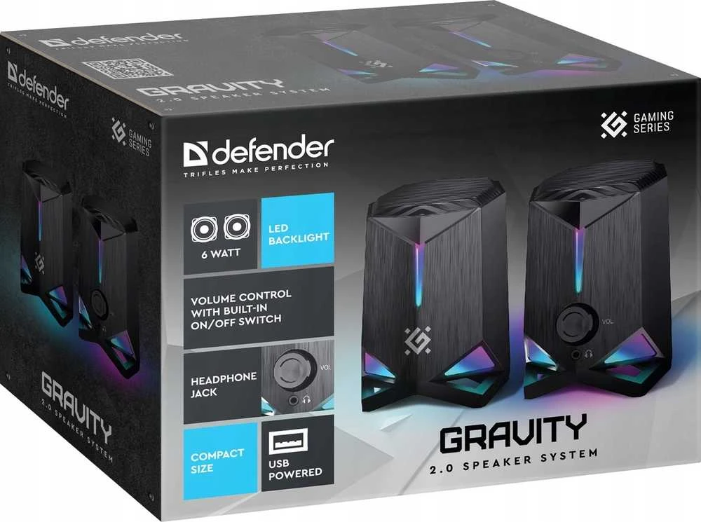 Kompiuterio kolonėlės Defender głośniki GRAVITY, 2.0, 6W, juoda, garsumo valdymas, pašvietimas, 80Hz~20kHz